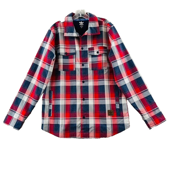 Adidas Snowboarding Riding Shirt Mens M Red Navy Plaid Shacket‎ Lined Button Up - Picture 1 of 10